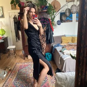 Draped black midi dress satin finish